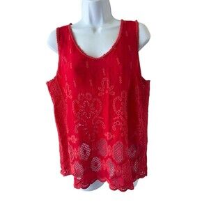 Johnny Was Women’s S Red Embroidered Eyelet Sleeveless Luana Tank Blouse
